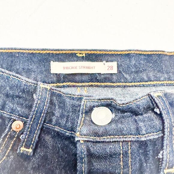 Levi's Ribcage Straight Dark Wash Button Fly Denim Jeans Raw Hem Size 28 - Picture 6 of 9